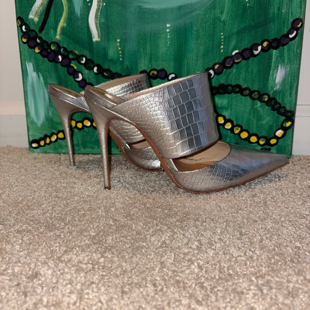 SCHUTZ Silver Croc-Embossed Heels 8